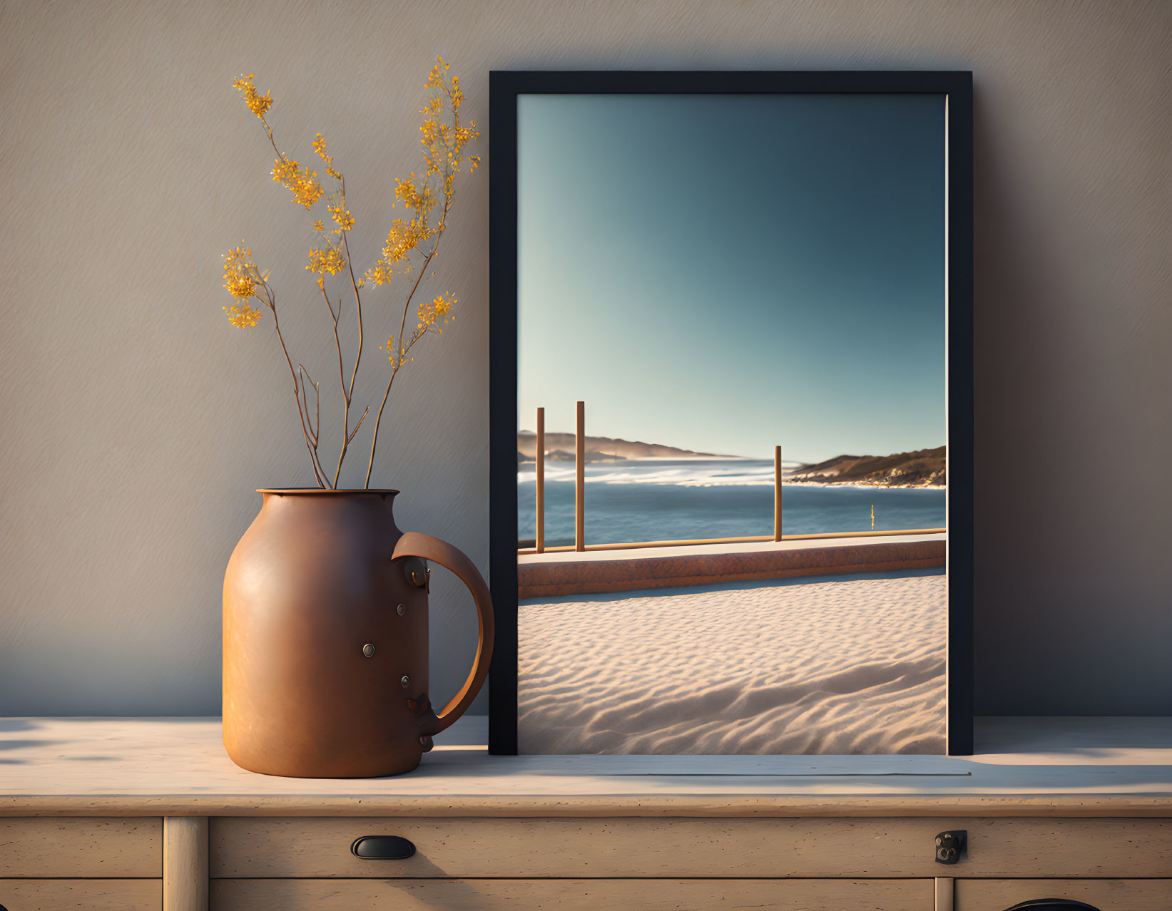 Brown Ceramic Vase with Yellow Flowers on Wooden Sideboard Beside Beach Scene Picture