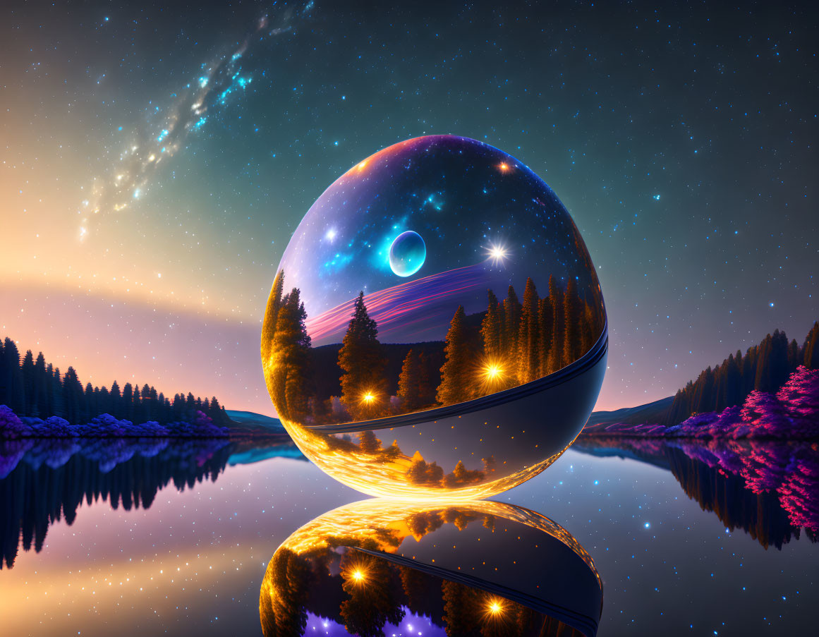 Surreal landscape with crystal ball, starry sky, galaxy, moon, and mirror reflection