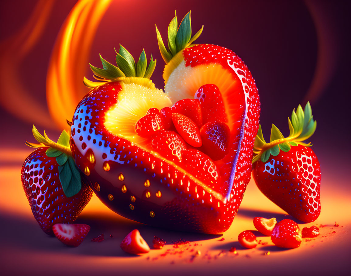 Colorful Strawberry Artwork with Heart Cutouts and Glowing Background