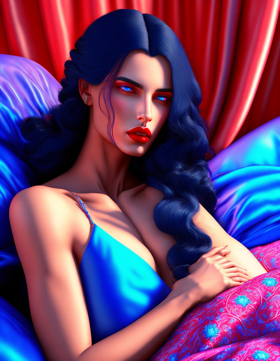 Digital artwork: Woman with blue hair and red lipstick on blue cushions with red drapery.