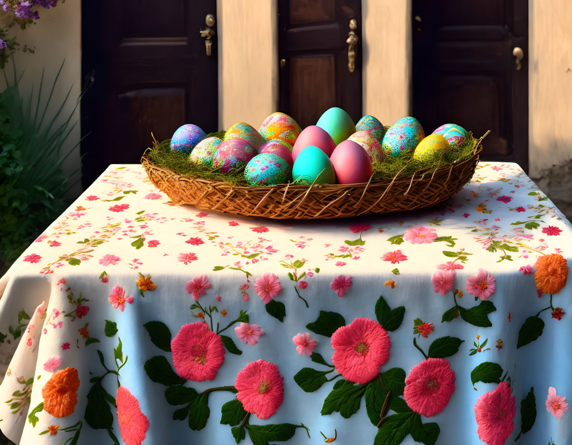 Colorful Easter Eggs in Wicker Basket on Floral Tablecloth by Wooden Door