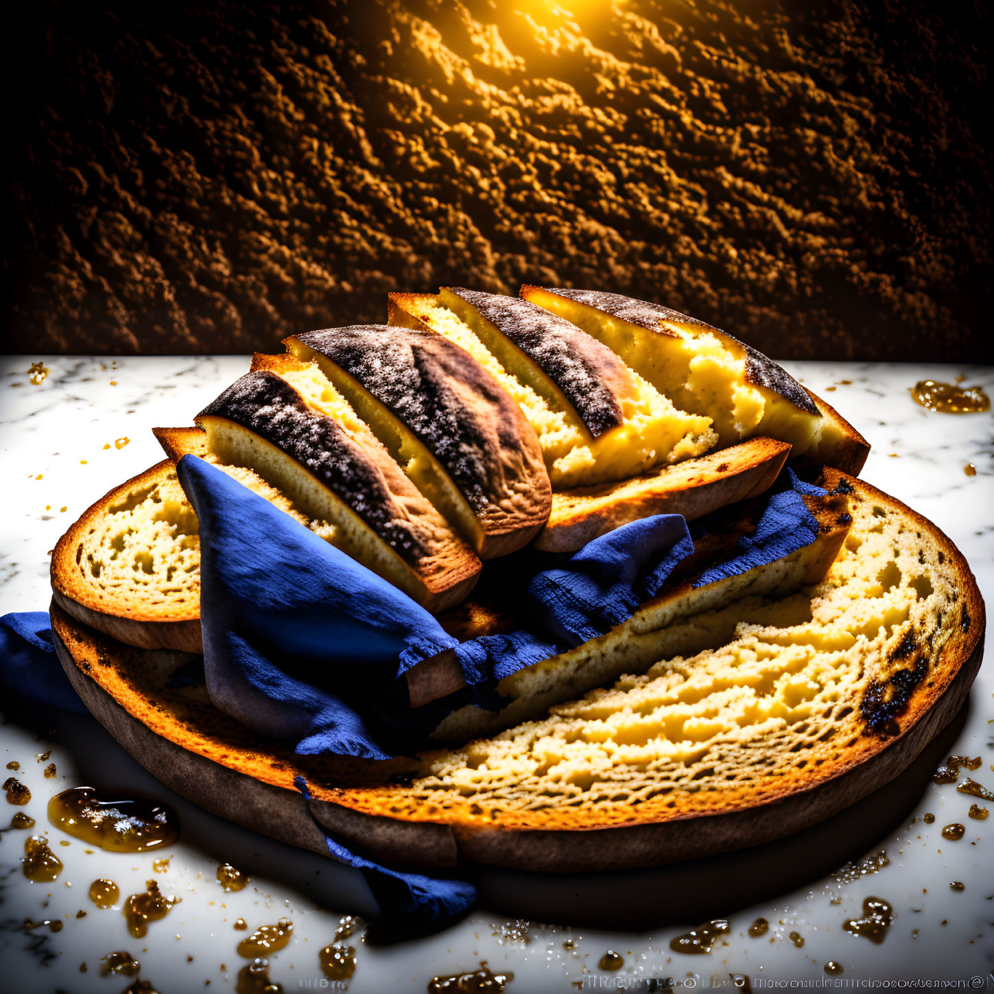 Freshly sliced bread on wooden board with blue napkin under warm light