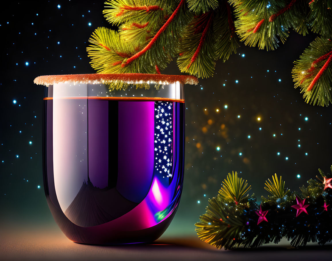 Festive concept: Mulled wine glass with snowy pine and twinkling stars