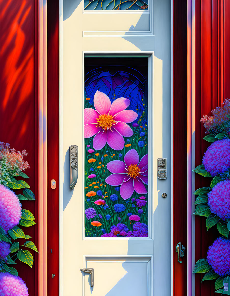 Colorful stained glass window with pink flower and foliage on vibrant door.