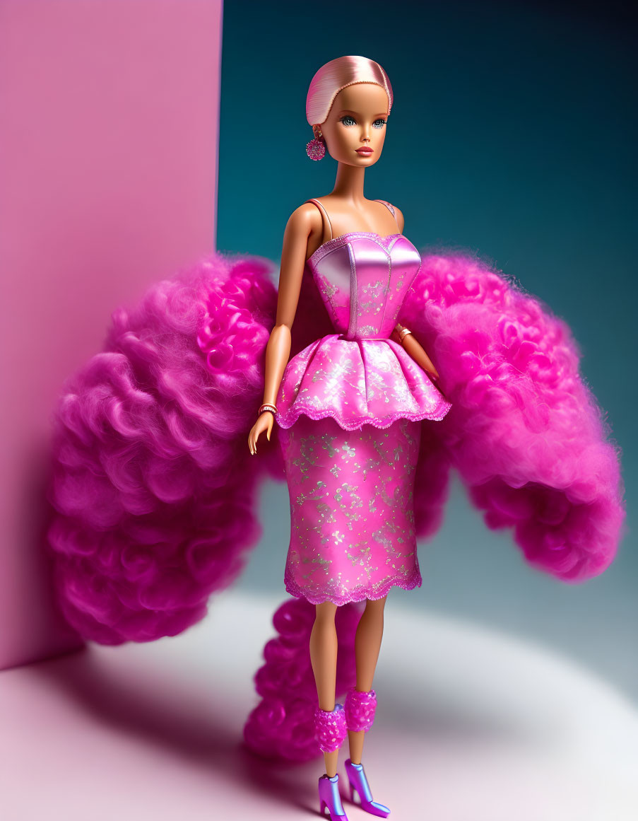 Barbie doll in pink and purple dress on gradient background