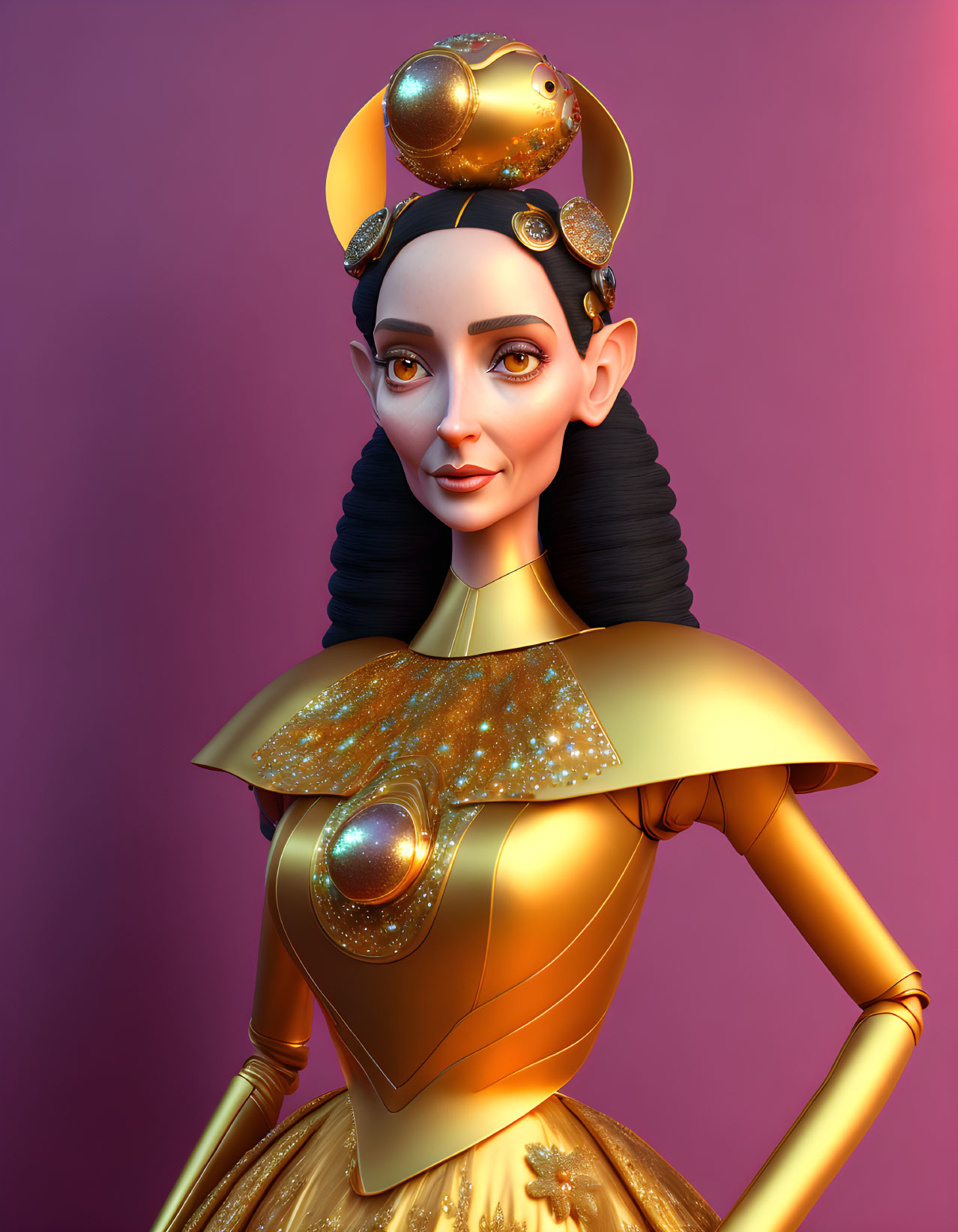 Futuristic golden attire on female figure in 3D art