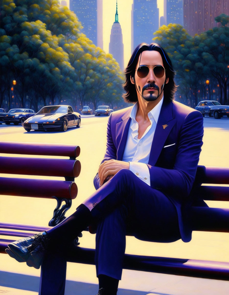 Stylized portrait of a man in sunglasses and blue suit on city bench.