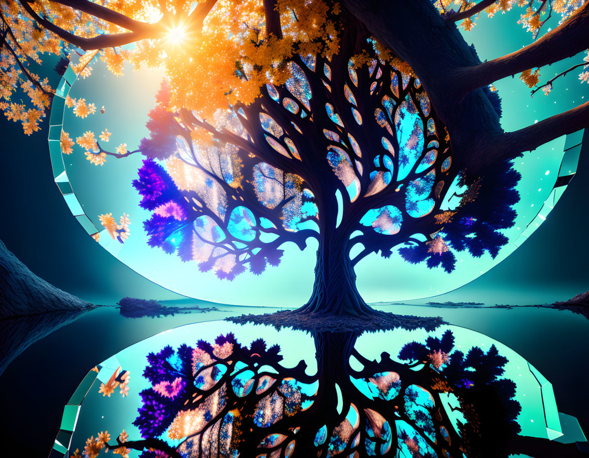 Digital artwork: Golden leaf tree on blue fractal backdrop with sun