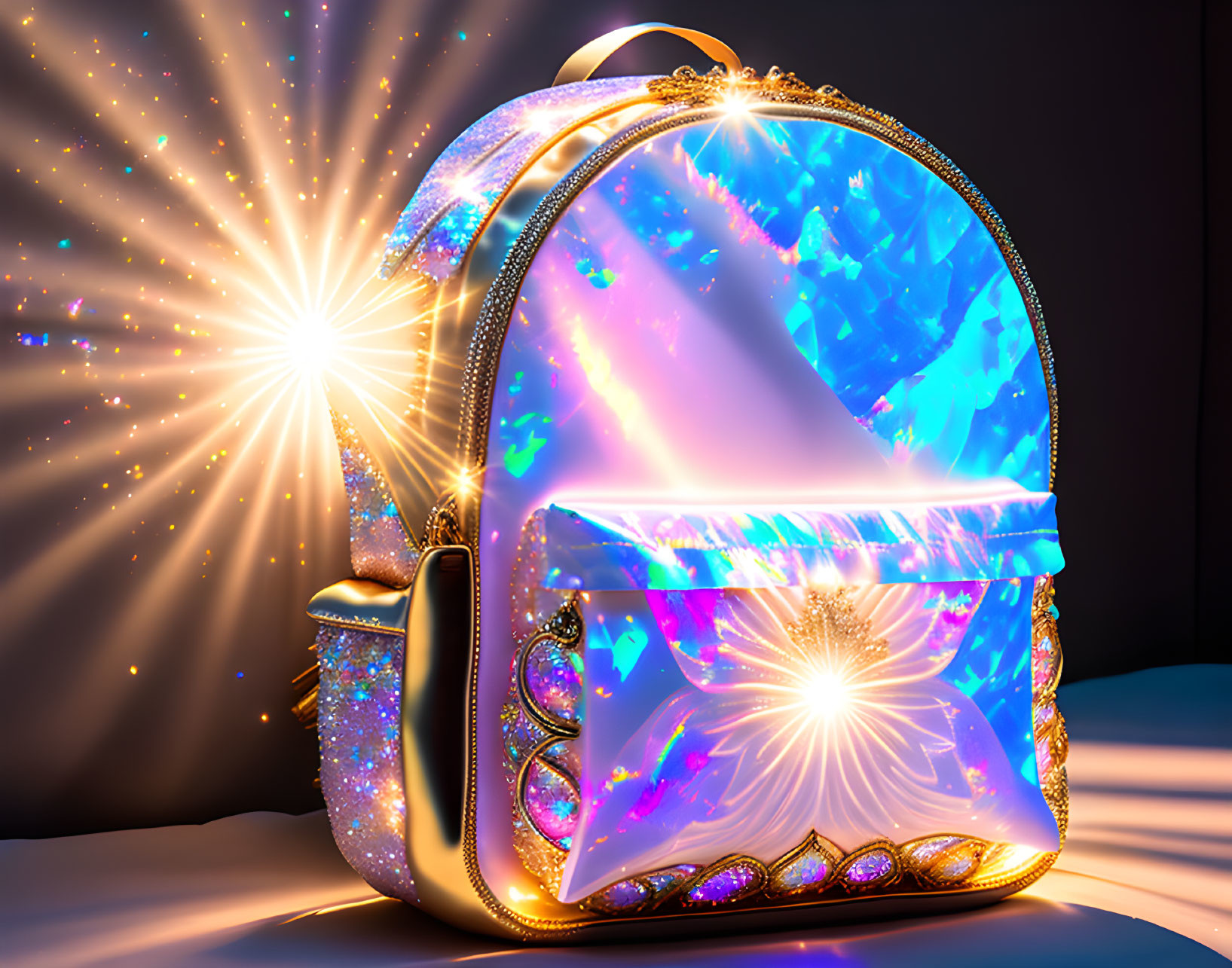 Shimmering holographic backpack with radiant light beams on dark background