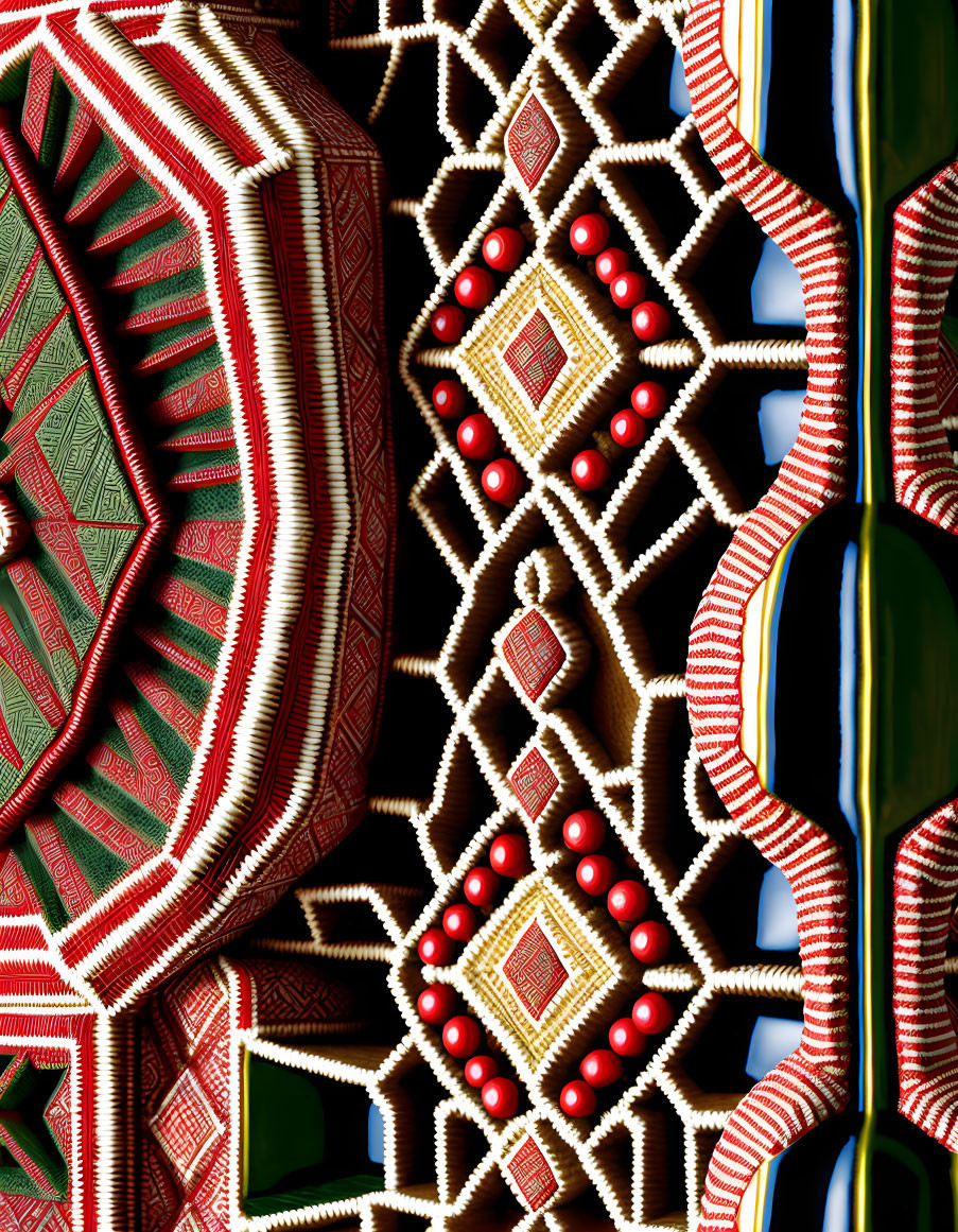 Vibrant traditional woven fabrics: intricate geometric patterns in reds, greens, and yellows on