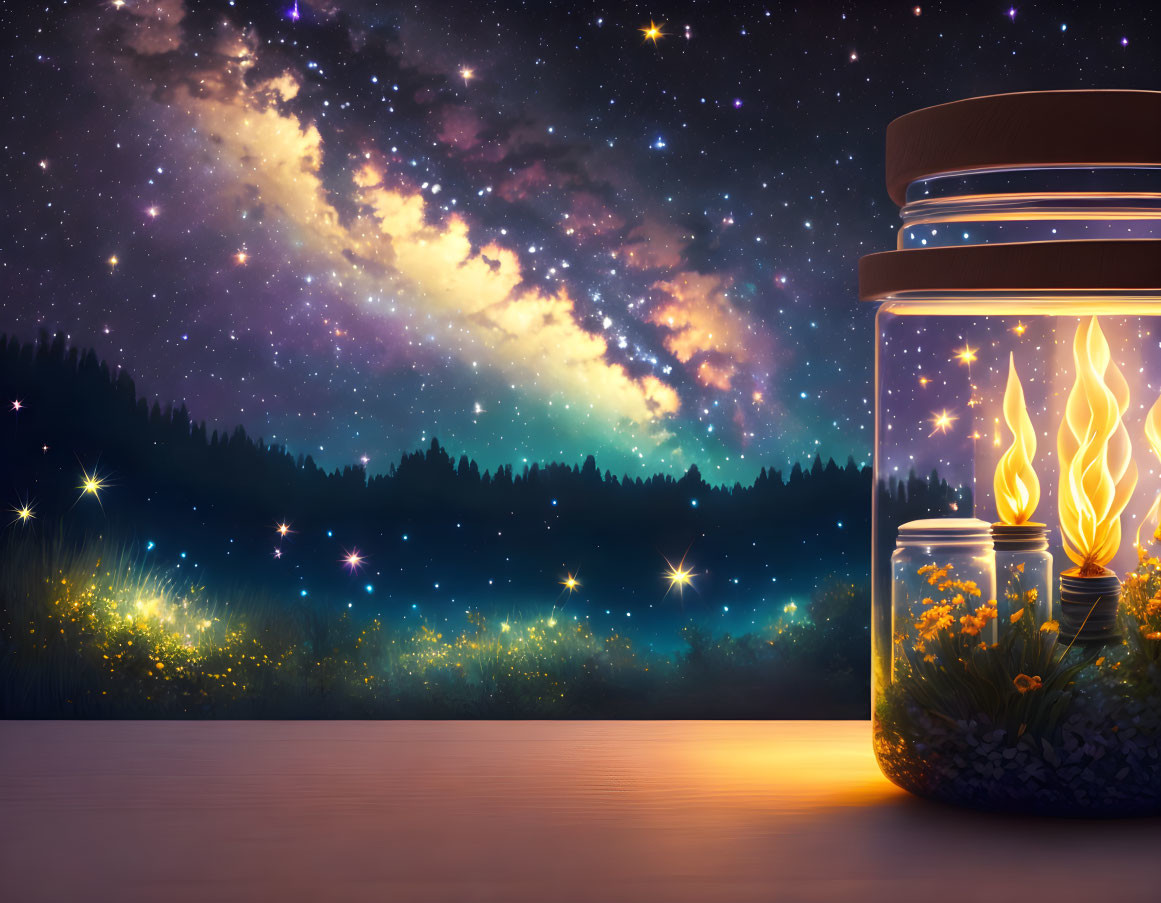 Starry Night Scene with Glowing Jar in Forest