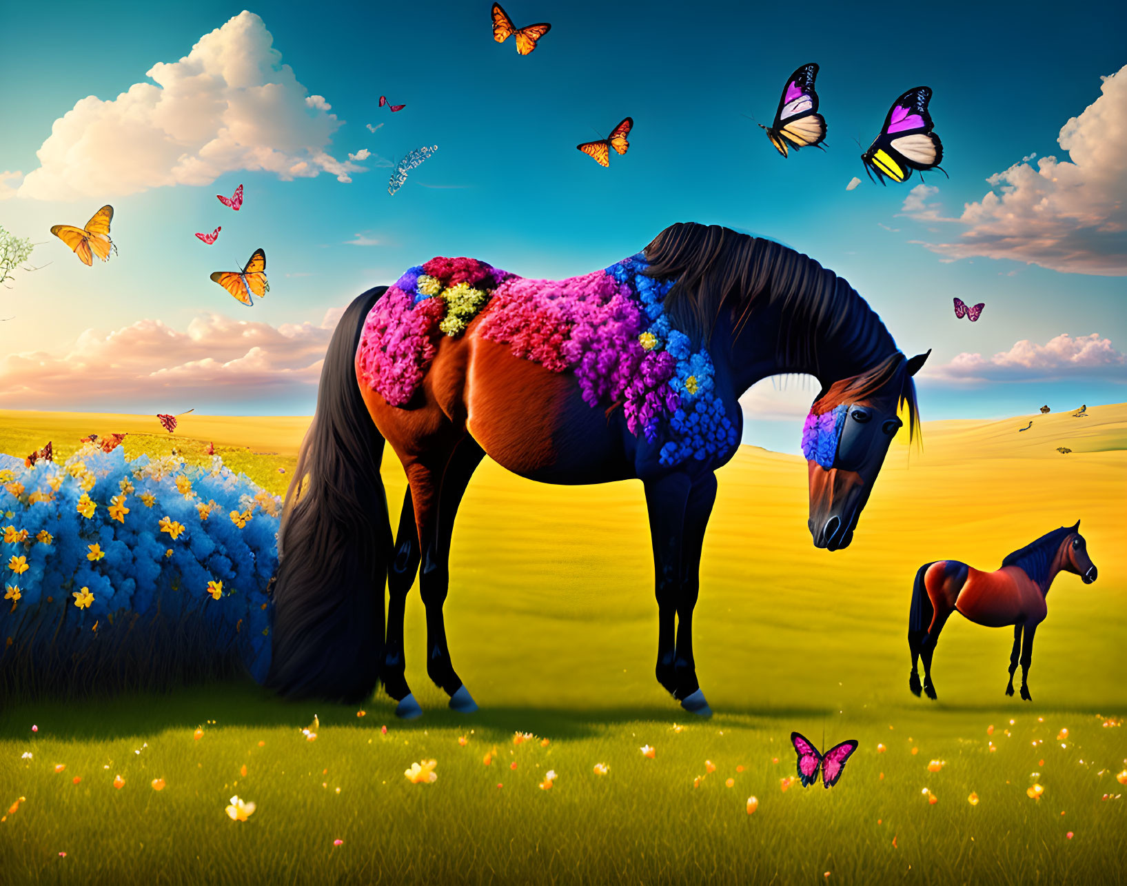 Colorful Floral Blanket on Horse in Vibrant Field with Butterflies