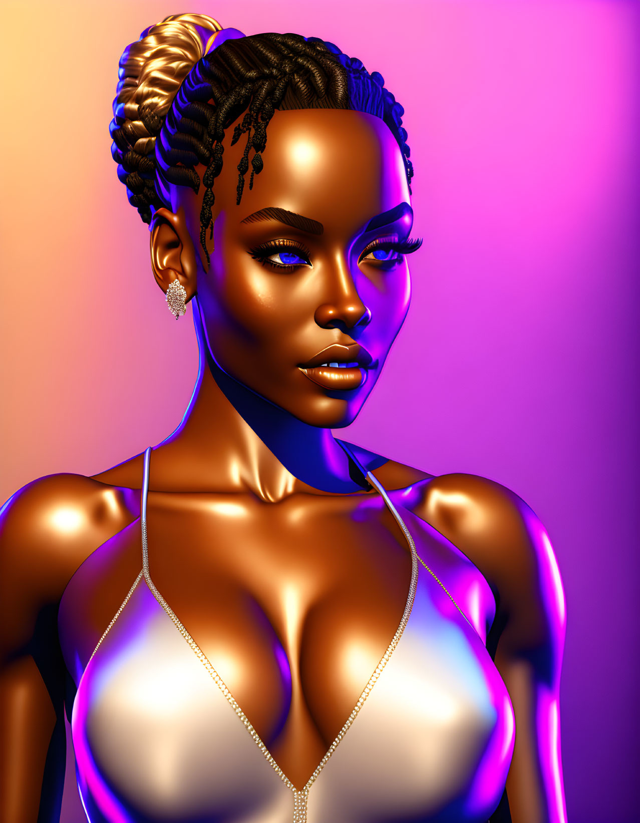 Woman with Braided Hair in Silver Top Against Vibrant Background