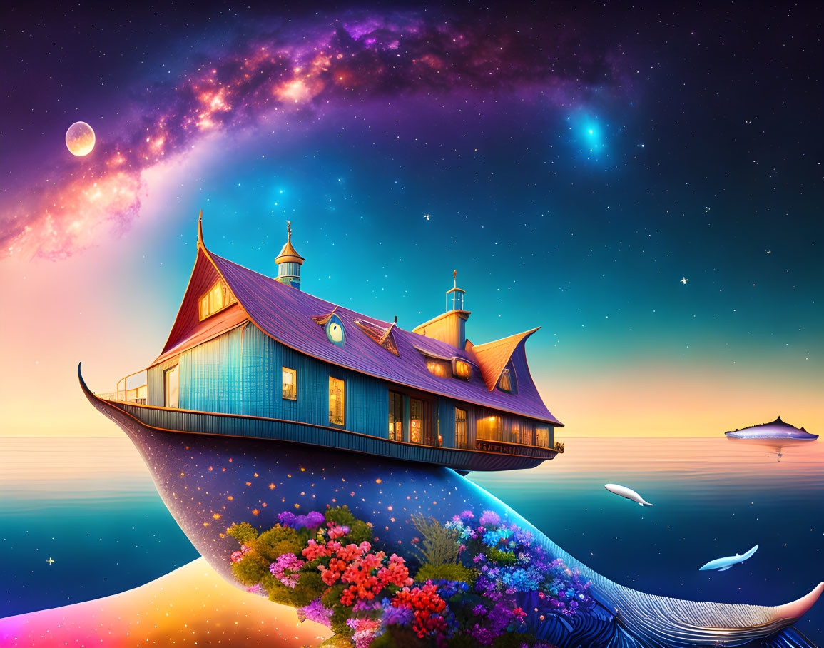 Whimsical house on floating whale under starry sky