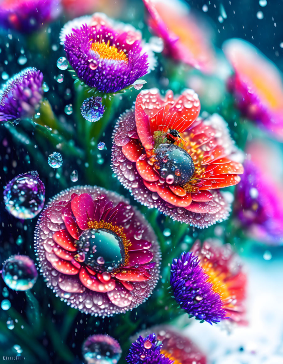 Colorful Flowers with Water Droplets and Beetle on Red Petal in Soft-focus Background