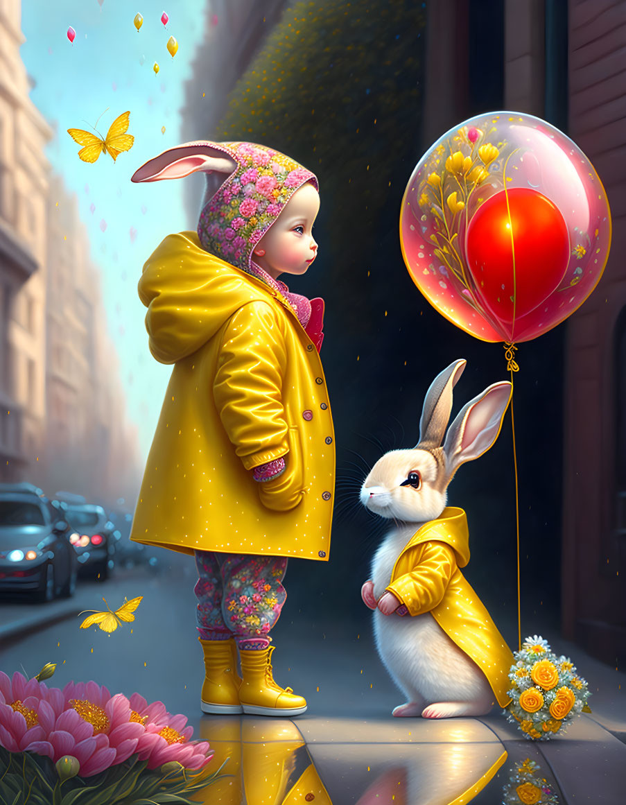 Child in bunny hat and raincoat with flower balloon next to rabbit in raincoat on city street with