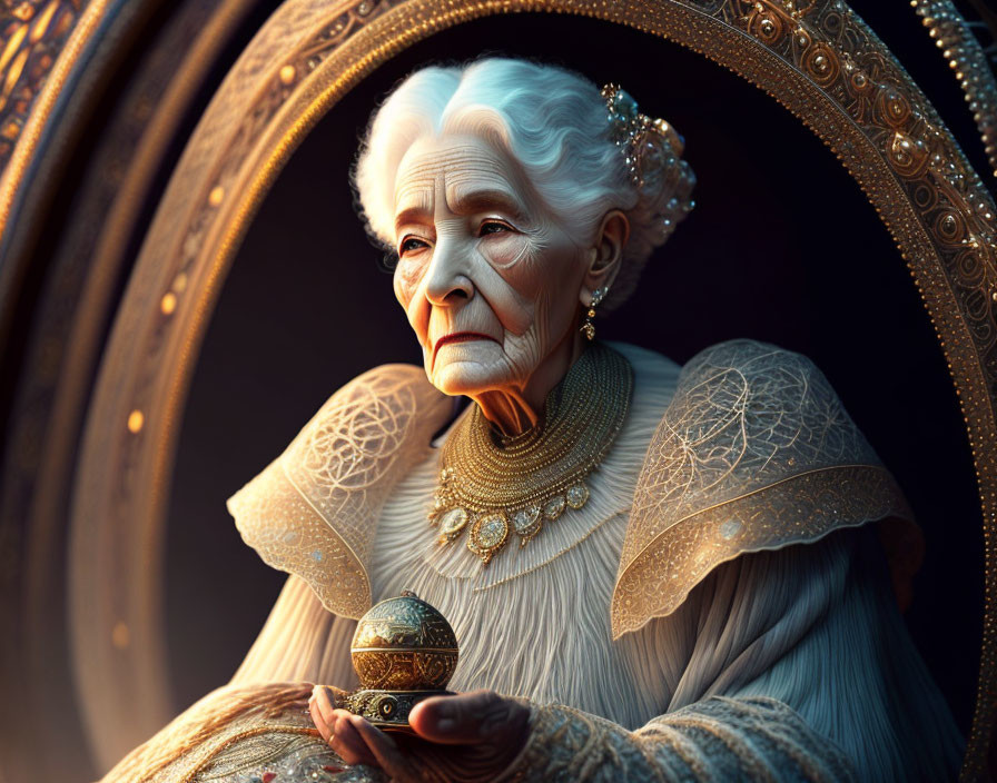 Elderly woman in regal attire holding a sphere on warm background