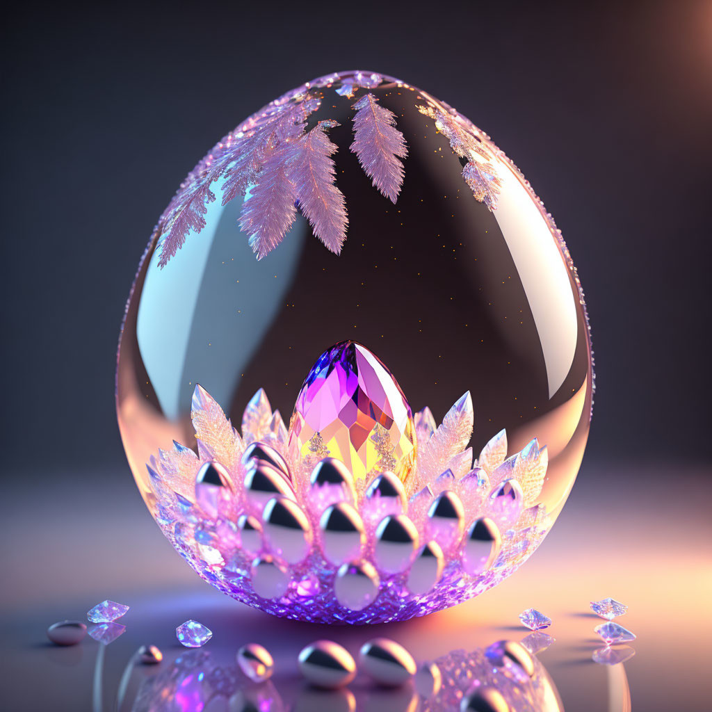 Intricate leaf patterns on crystal sphere with diamonds, under soft purple and blue light