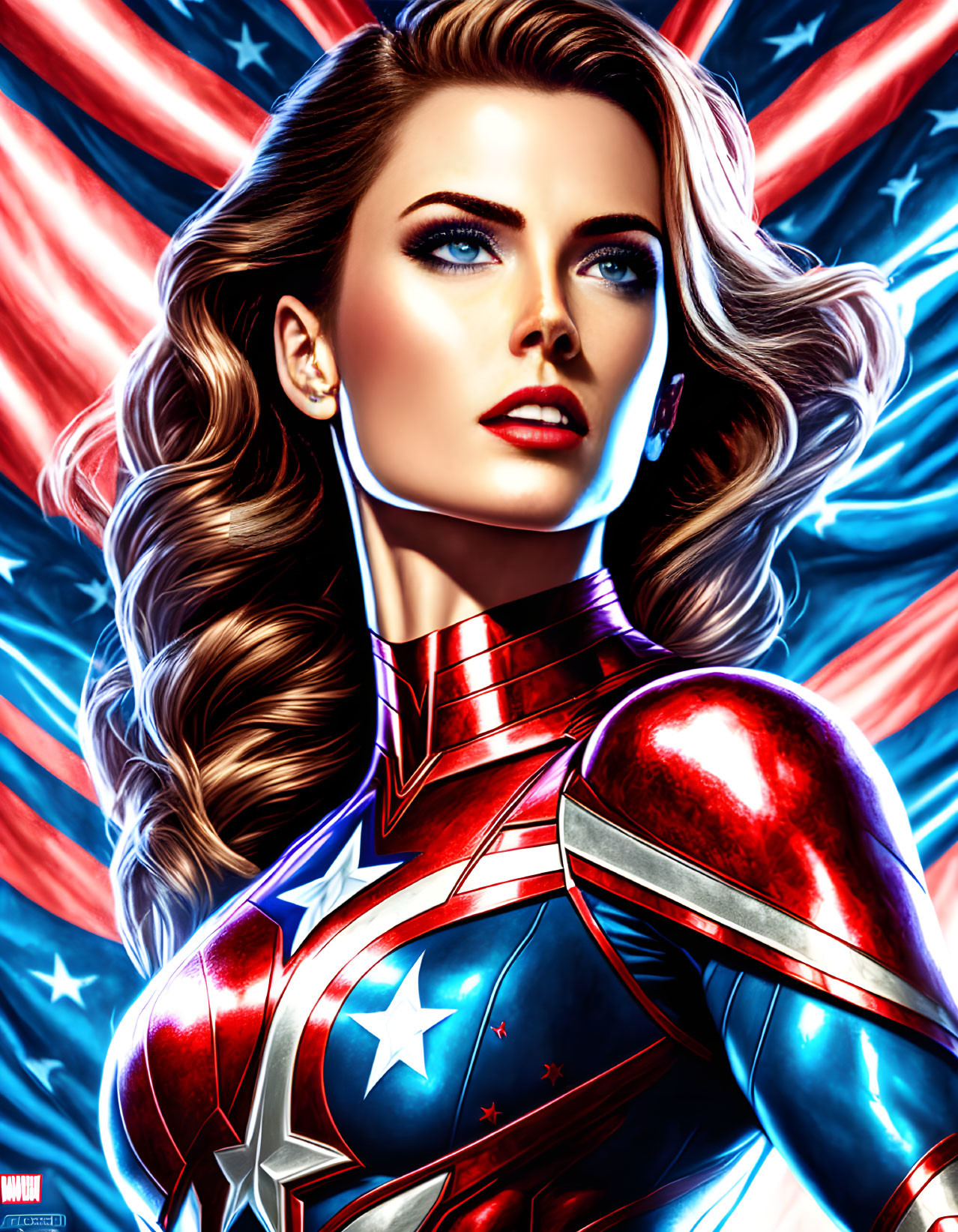 Female superhero in star-spangled costume with flowing hair and American flag backdrop