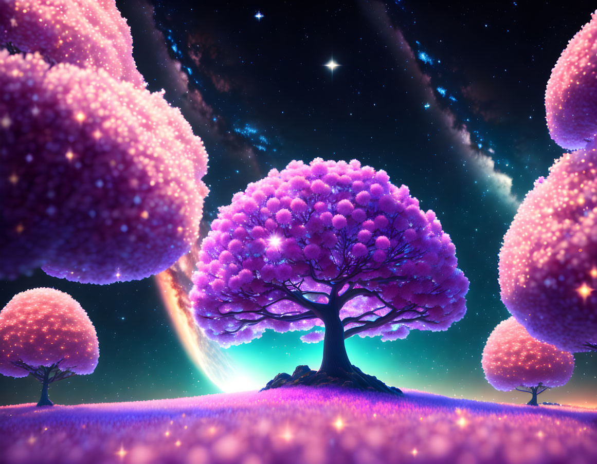 Fantasy landscape with glowing purple cherry blossom trees under starry night sky