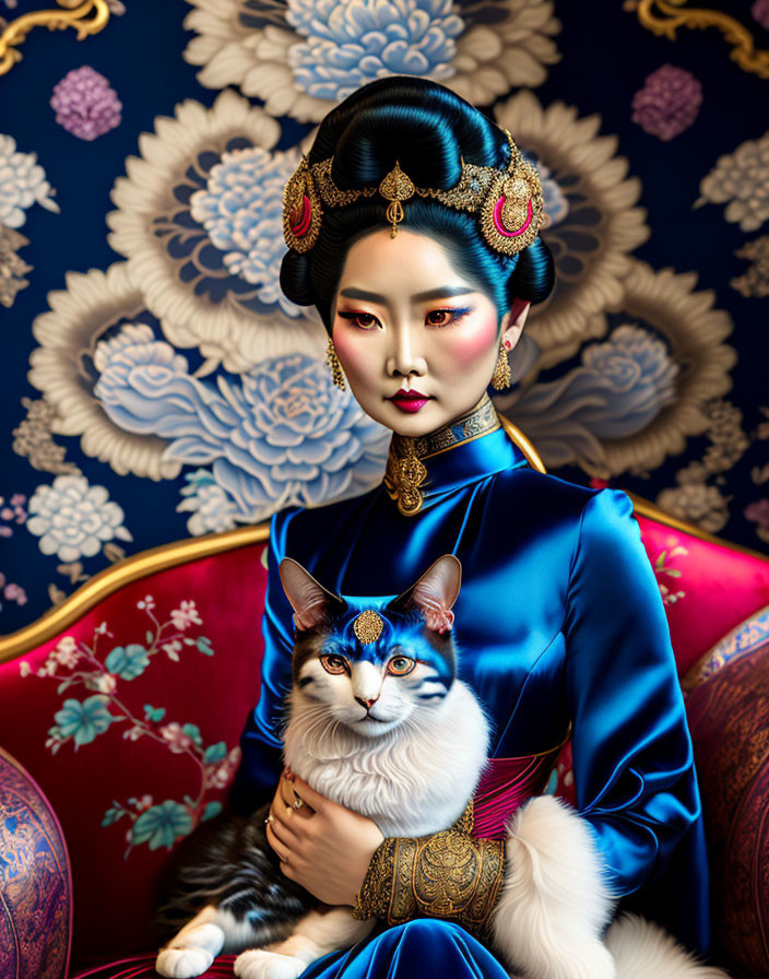 Traditional Asian woman with cat in decorative attire and floral backdrop