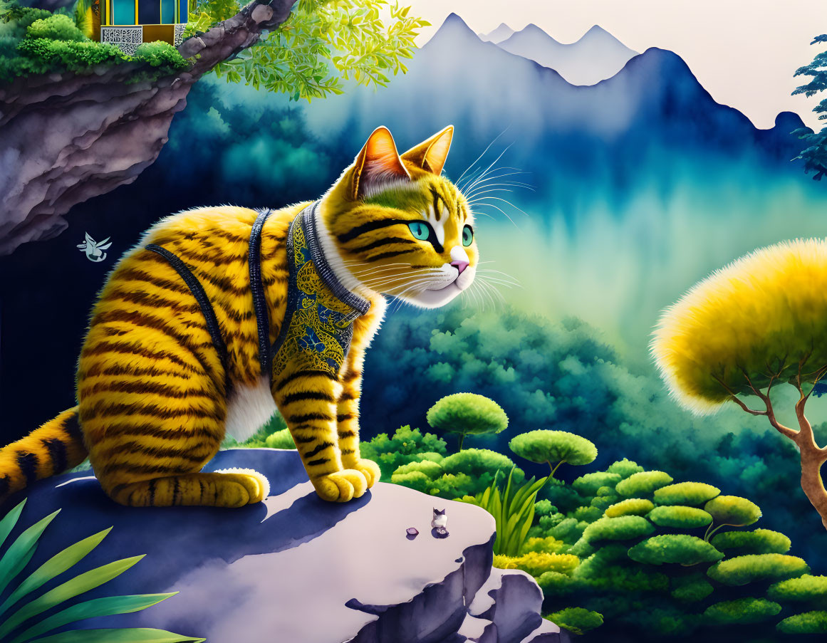 Colorful Stylized Cat Illustration in Fantasy Landscape