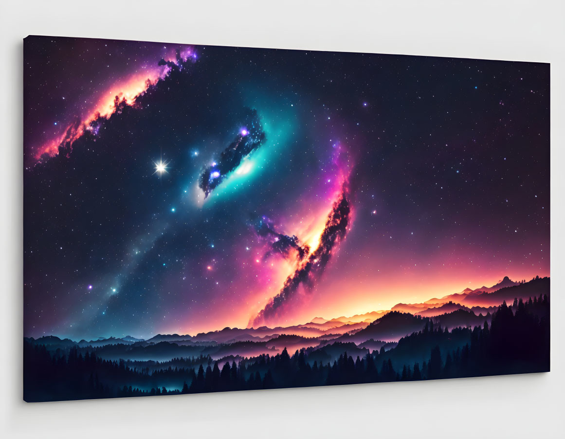 Colorful Cosmic Nebulas Above Silhouette Mountains Canvas Print