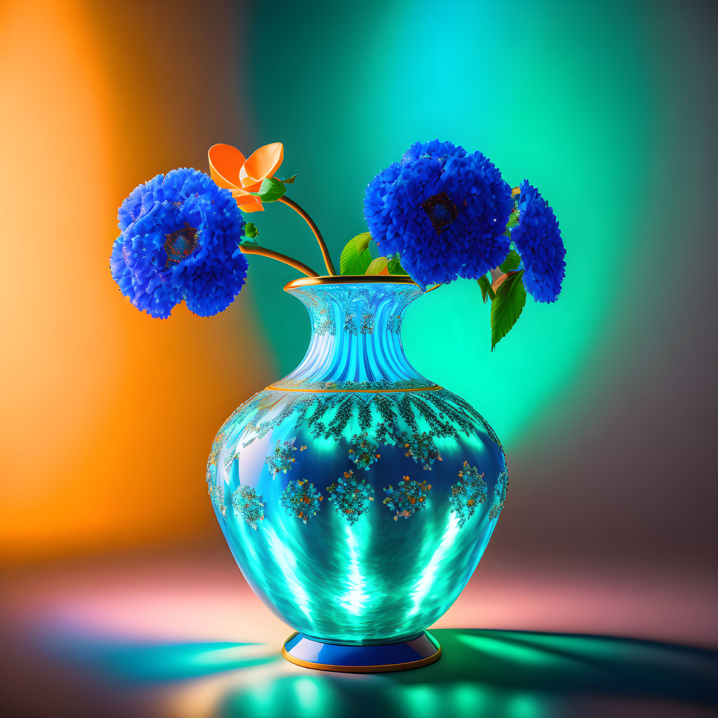 Colorful Blue Vase with Flowers on Gradient Background