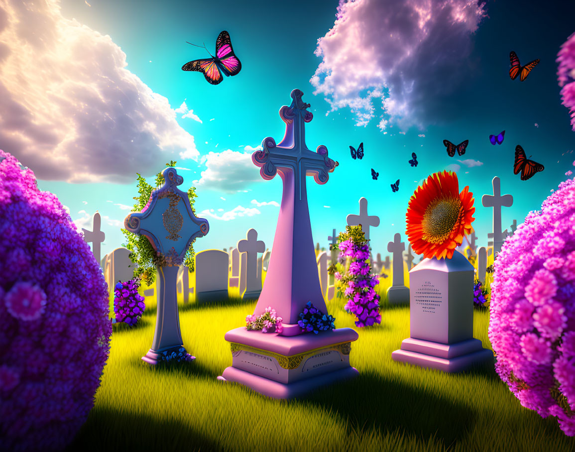 Whimsical cemetery scene with ornate tombstones, colorful flowers, and butterflies