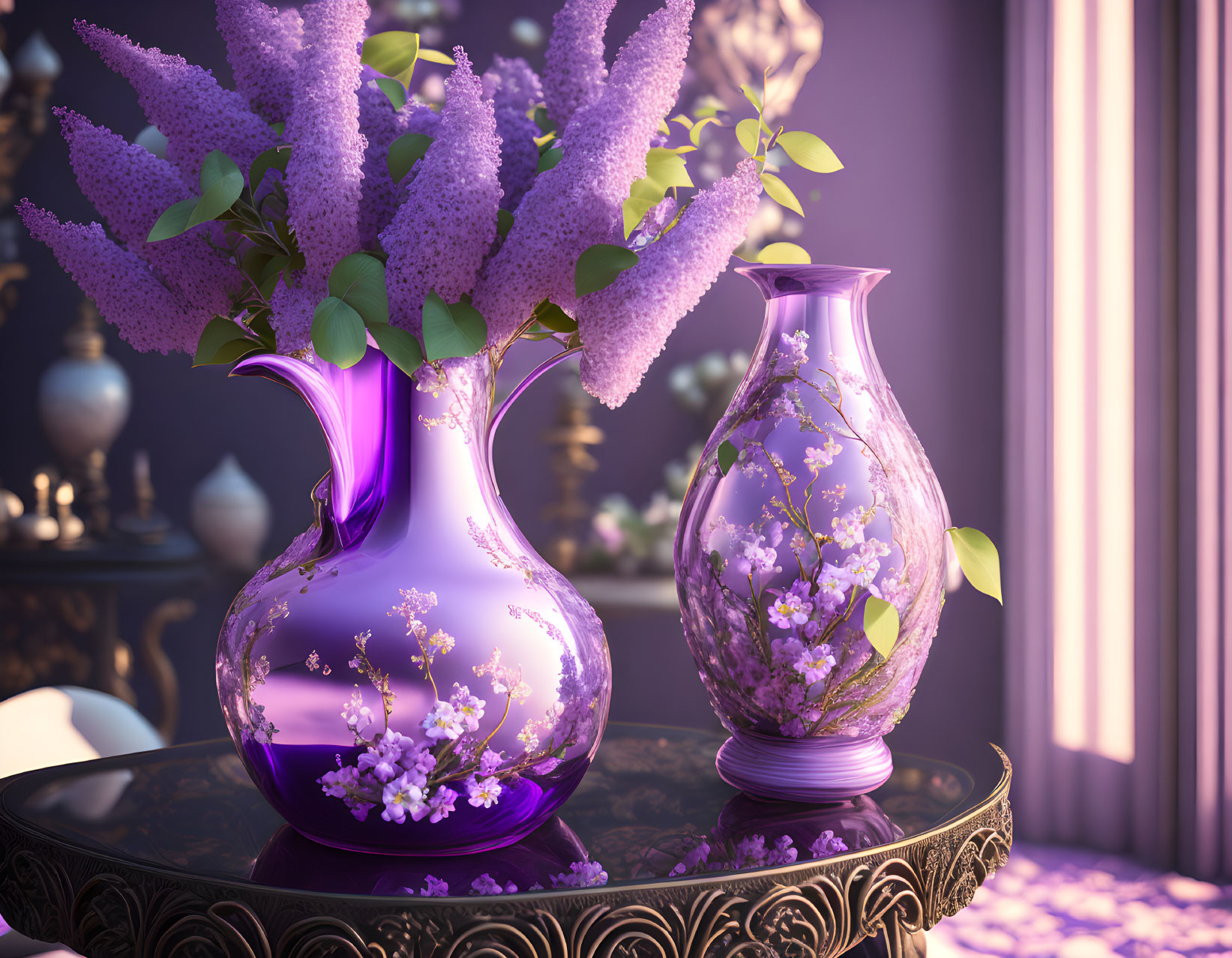 Purple Floral Vases on Black Table with Lavender and Purple Curtains