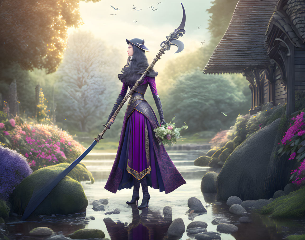 Fantasy woman in purple gown wields scythe by river in magical landscape