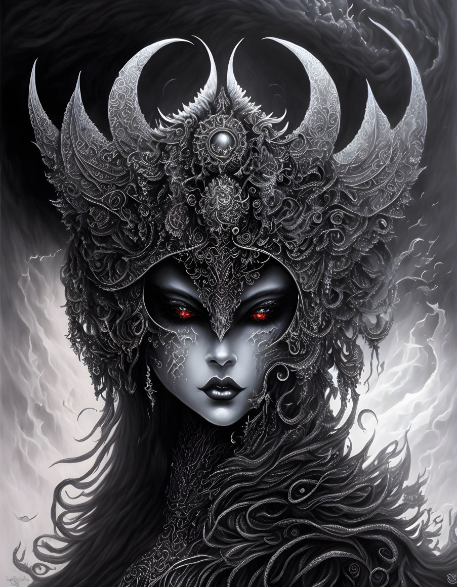 Detailed illustration of woman with ornate helmet, intricate patterns, dark hair, red eyes, on sm