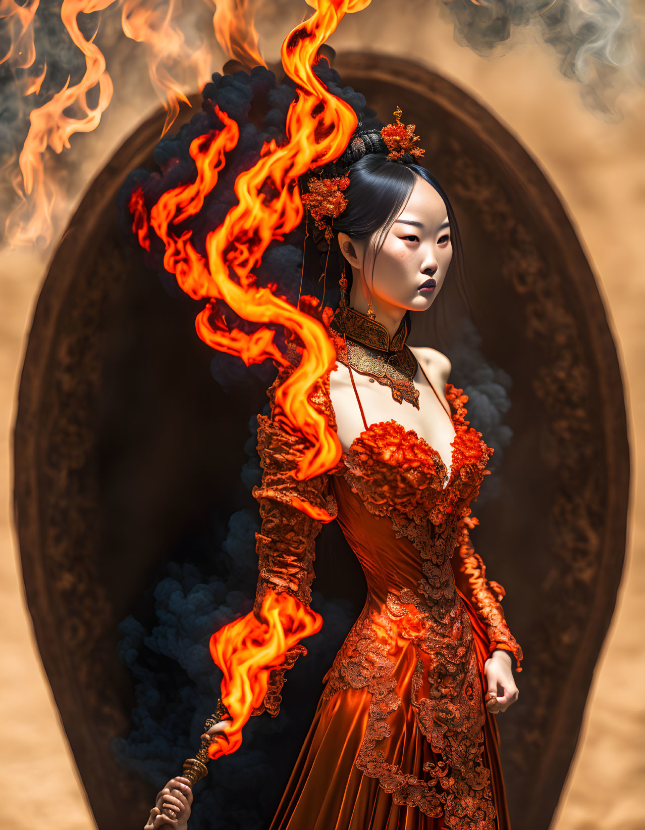 Woman in ornate orange dress with flames and smoke motifs from dark oval portal, evoking mythical fire