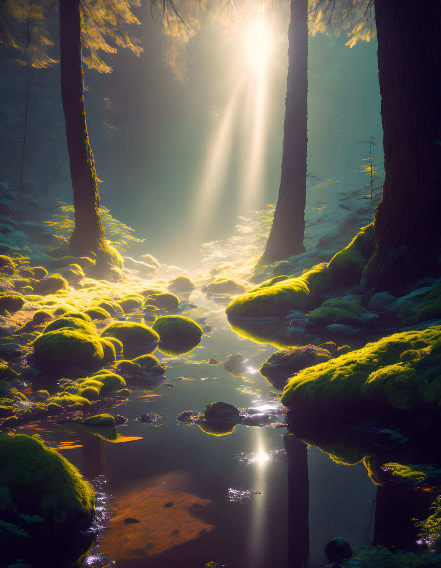 Misty forest scene with sunbeams, moss-covered rocks, and reflective stream