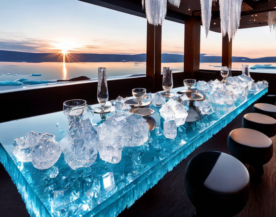 Luxurious bar with glasses on ice counter, ocean sunset view.