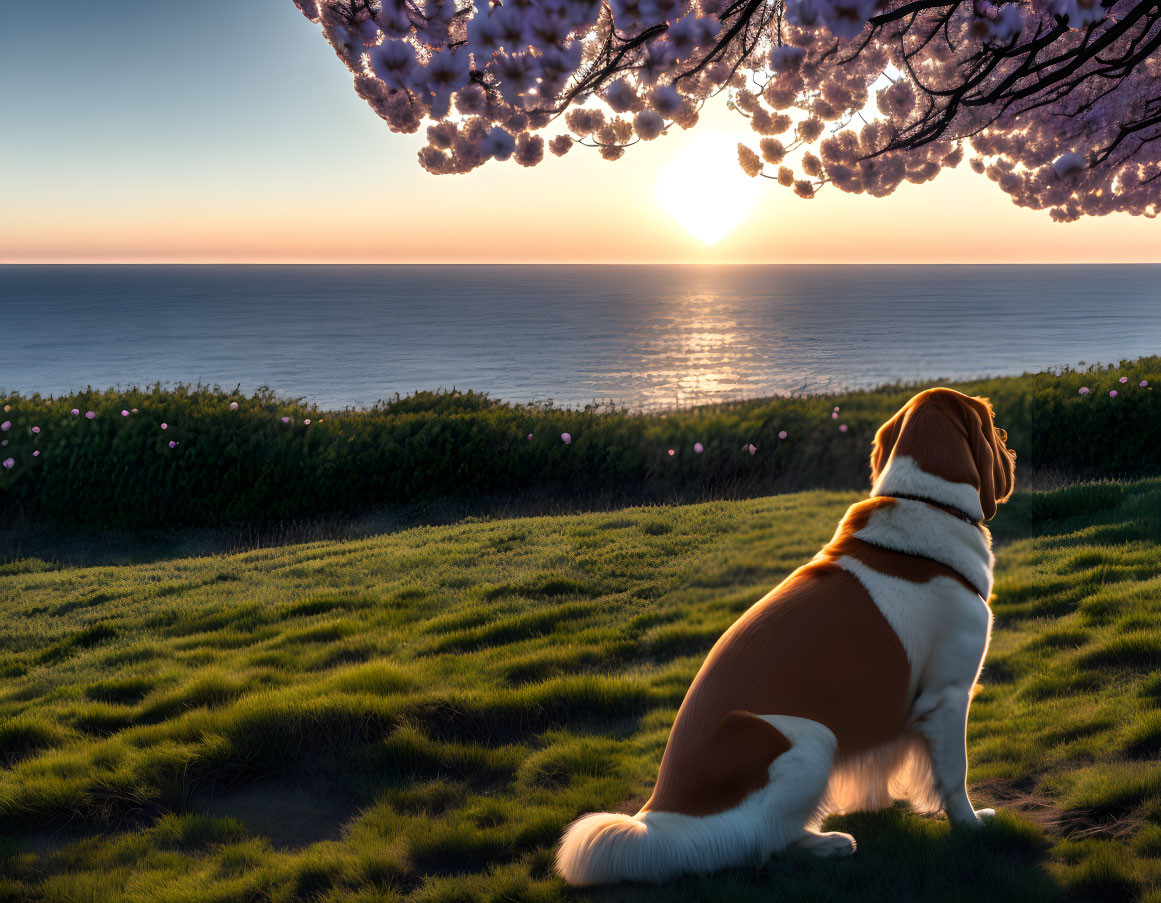 Dog under cherry blossom tree watching ocean sunset with golden to blue sky