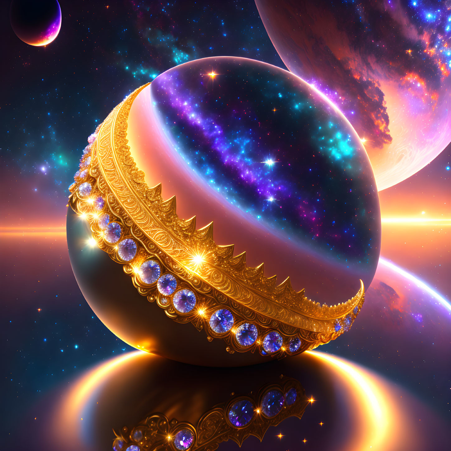 Ornate jewel-encrusted cosmic scene with radiant celestial bodies