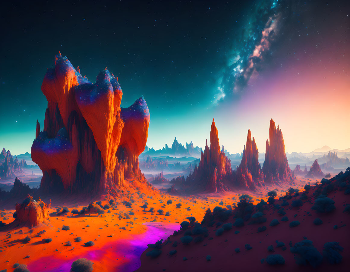 Vivid sci-fi landscape with towering rock formations under a starry sky