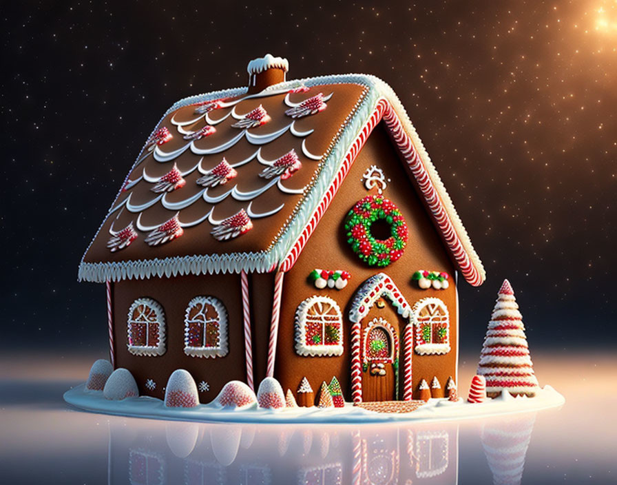 Festive gingerbread house with snowy roof and candy-cane tree