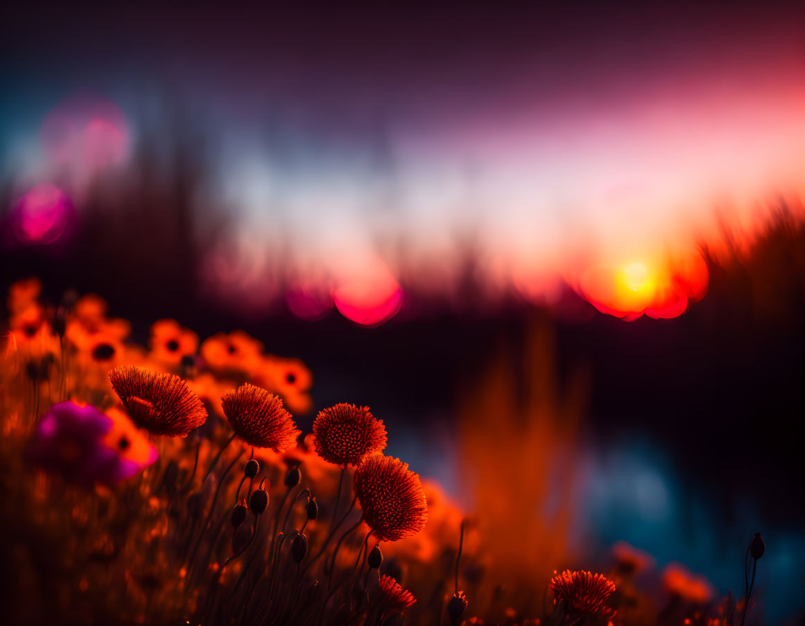 Colorful sunset with silhouetted wildflowers and vibrant gradient in the background