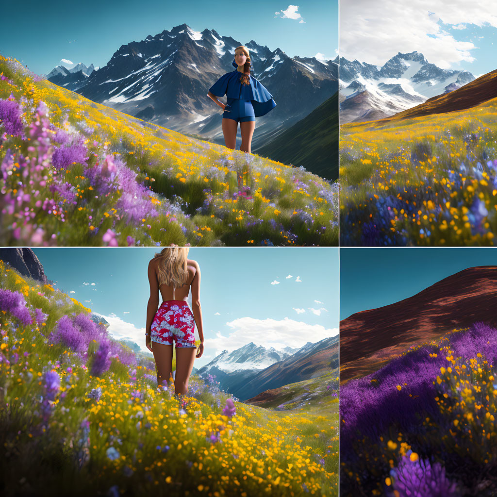 Three-image collage of person in vibrant meadow with mountain backdrops