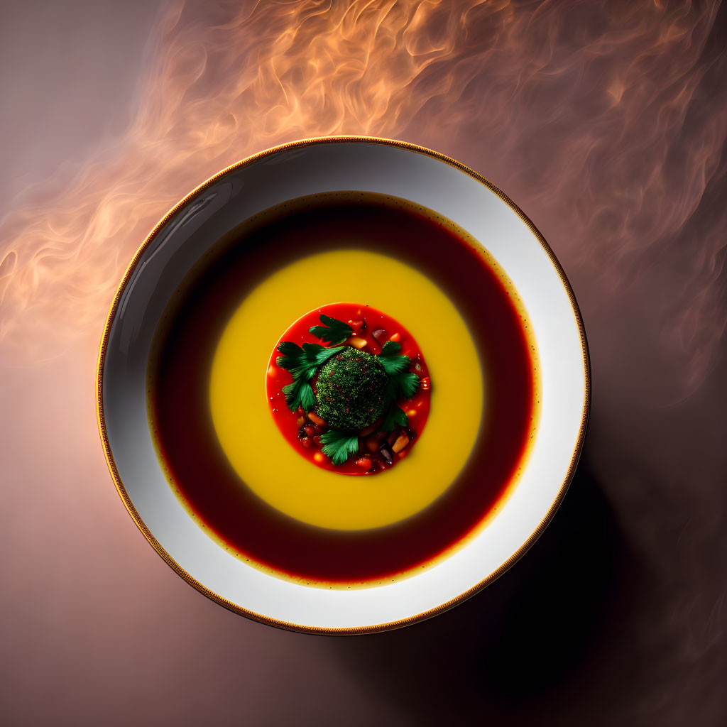 Vibrant red swirl in bowl of soup with herbs and smoke on dark surface