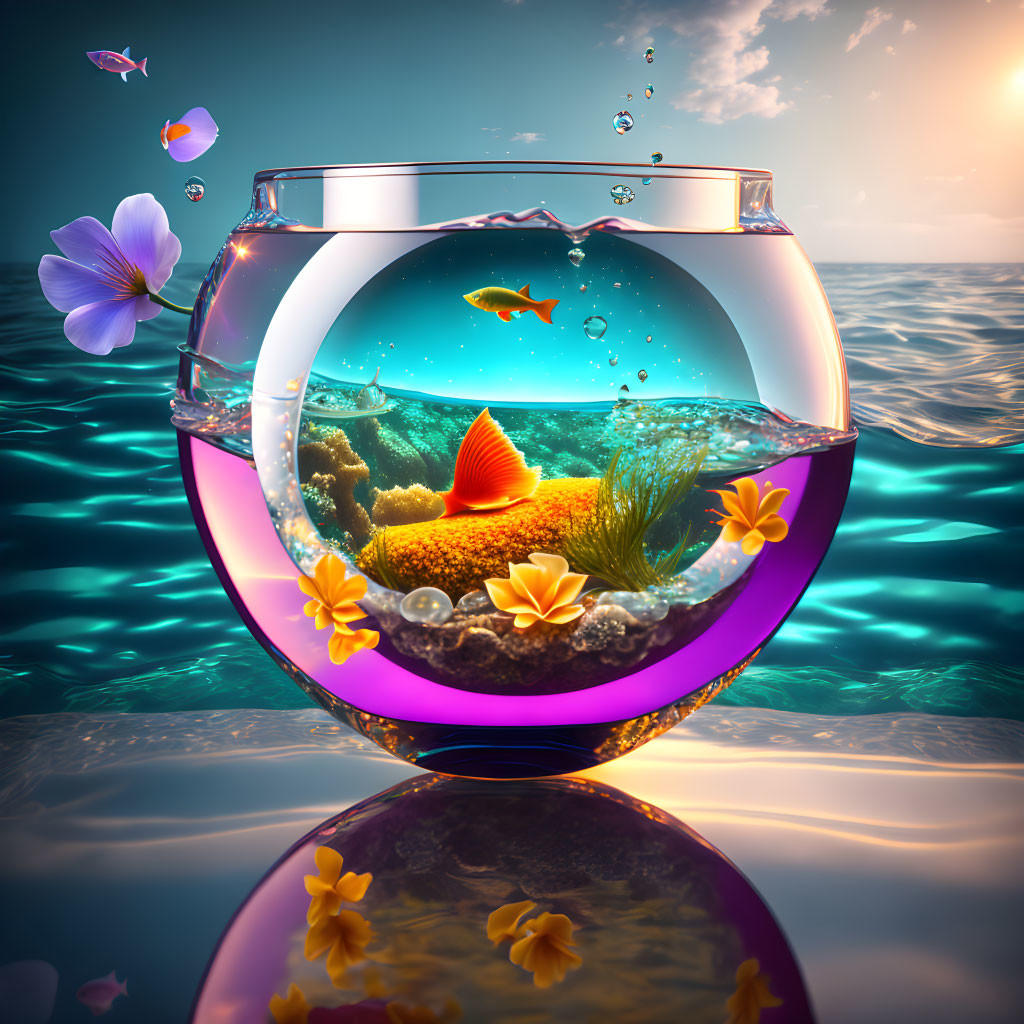 Colorful Goldfish Swimming in Vibrant Fishbowl with Marine Flora and Sunset Ocean Background