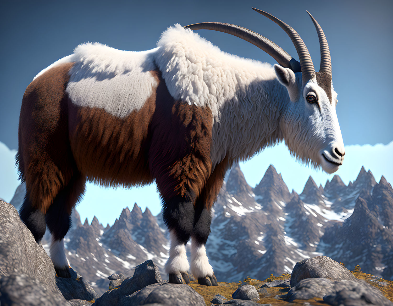 Majestic goat with long curved horns in mountain landscape