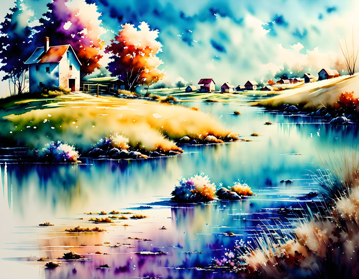 Colorful Landscape Painting of Riverside House and Hills