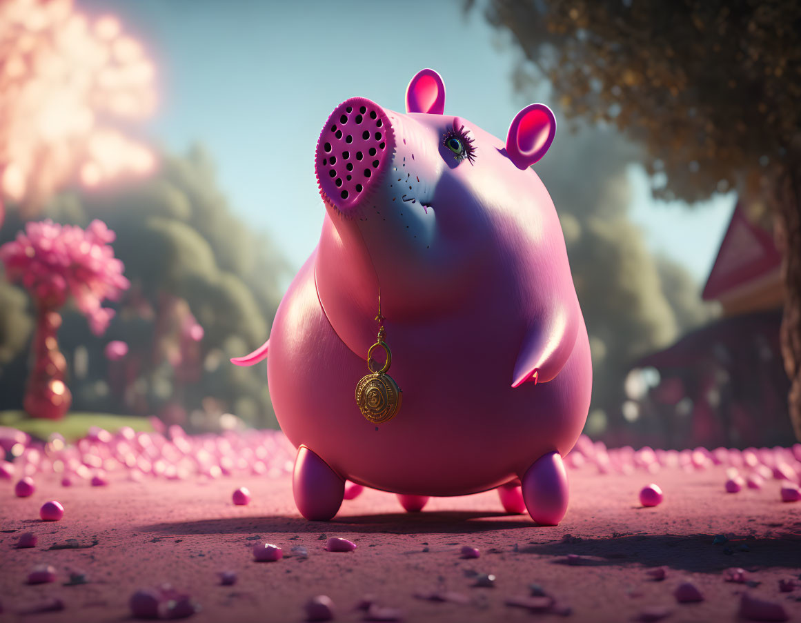 Stylized pink hippo with gold watch among pink petals and trees