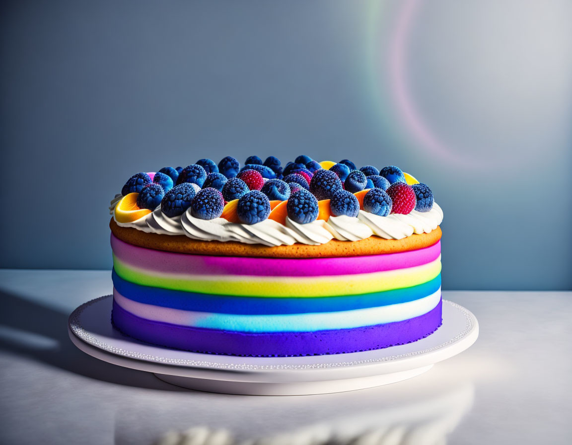 Colorful Rainbow Cake with Fresh Fruit on White Plate