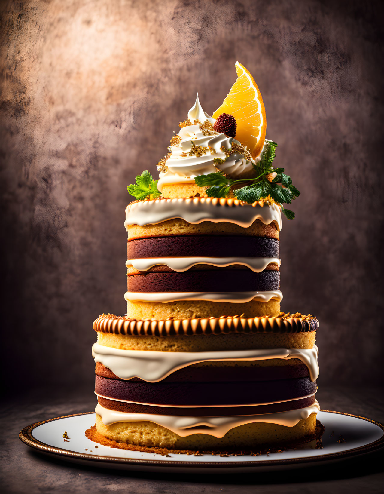 Multi-layered cake with white and chocolate frosting, orange slice, mint leaves, and cream swirl.