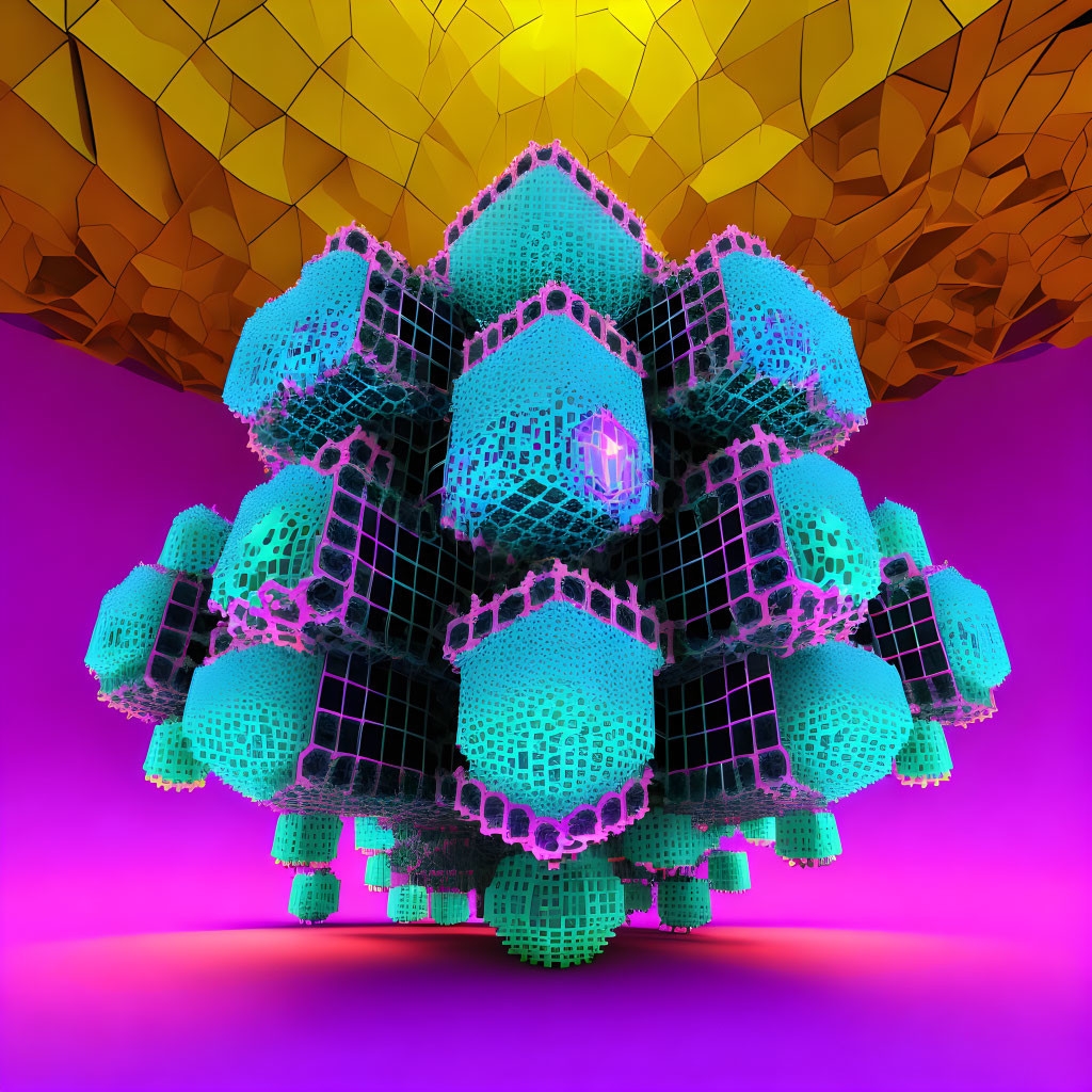 Symmetrical 3D geometric structure in vibrant purple and blue colors