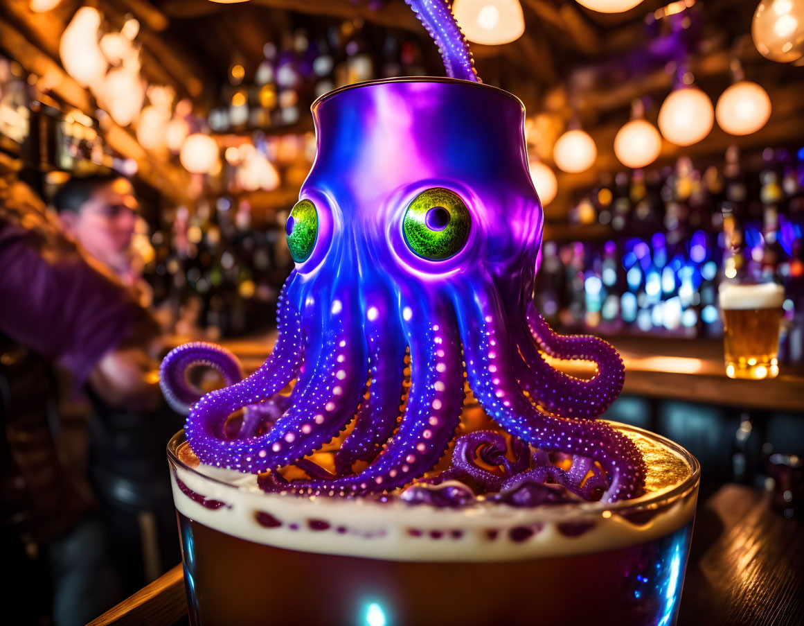 Neon-colored octopus emerging from beer pint on bar